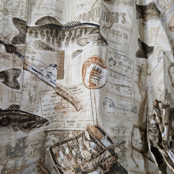 North River Shirt Mens XL Beige Cabin Fishing Lures Print Camping Grandpa Dad - Picture 2 of 7